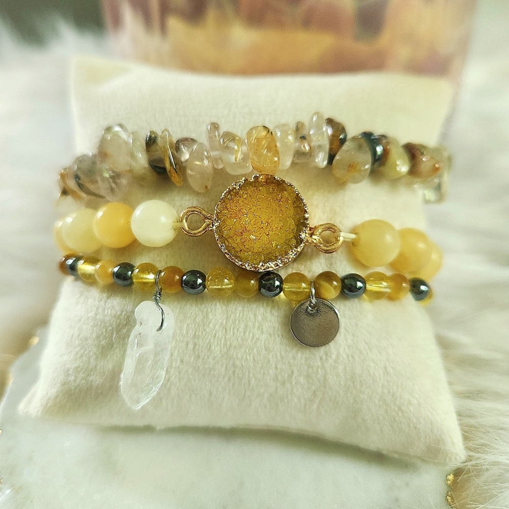NWT Ryze Natural Stone Clear Quartz and Druzy Staxx Bracelets - Set of 3